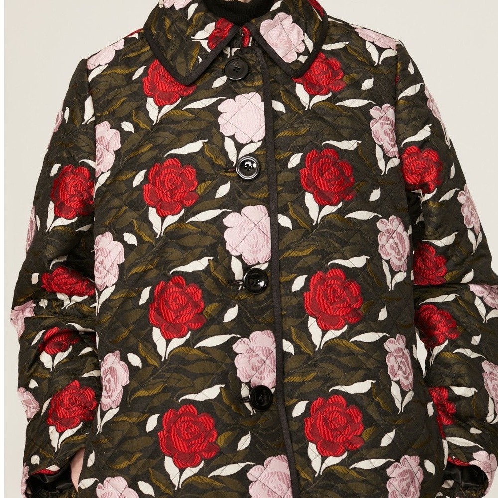 Kate Spade New York Sz XL Quilted Floral Rose Jacket Coat Black Pink Red - Picture 14 of 16